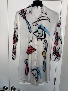 Artistic Oversized White Graphic button down with Multicolor Pop Art Print